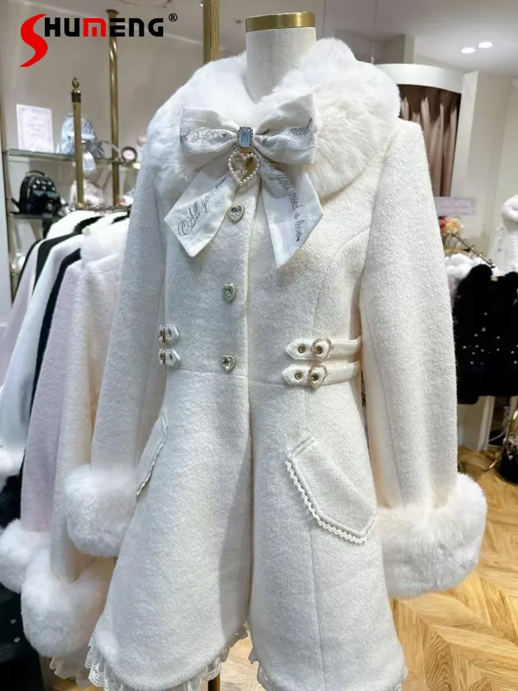 

Winter New Japanese Sweet Lolita Bow Slim Long Woolen Coat Faux Fur Collar Lolita Girl Women's Pink White Wool Jacket Overcoat