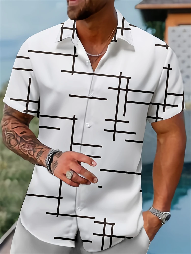 

New Men's Hawaiian Shirt 3D Fashion Striped Print Single-Button Men's T-Shirt Top Casual Wear Men's Short-Sleeved Shirt