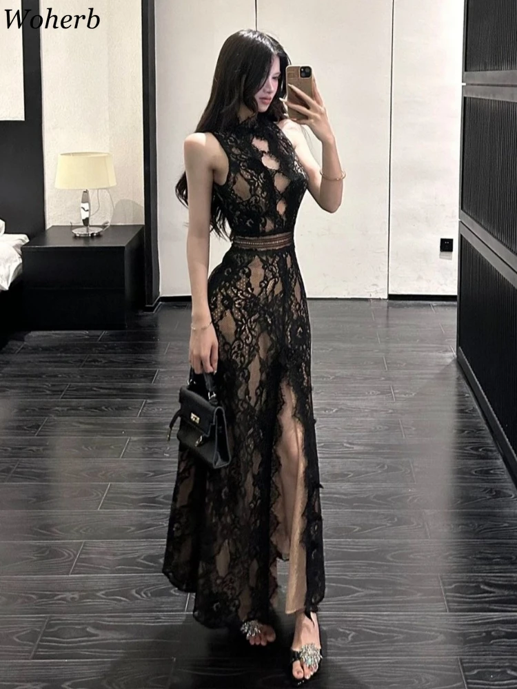 

New Maxi Dresses for Women 2025 Vestidos De Mujer Lace Jacquard Temperament Robe Femme Backless Slim Fit Hollow Out Summer Dress