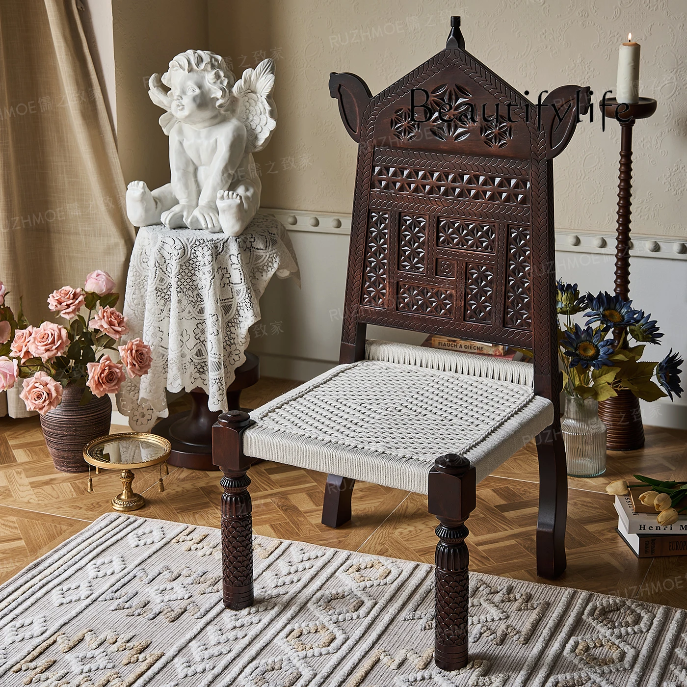 High backrest solid wood carving flower weaving handmade antique sofa chair double characteristic rope chair