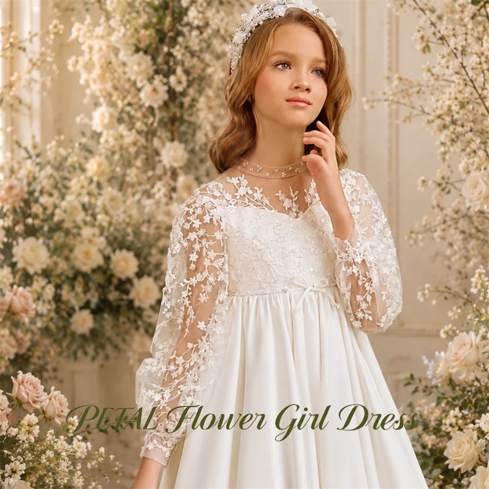 Petal Ivory Children Birthday Wedding Dresses Round Neck A Line Sheer First Communion Gown Lace Long Sleeve Girls Princess Dress