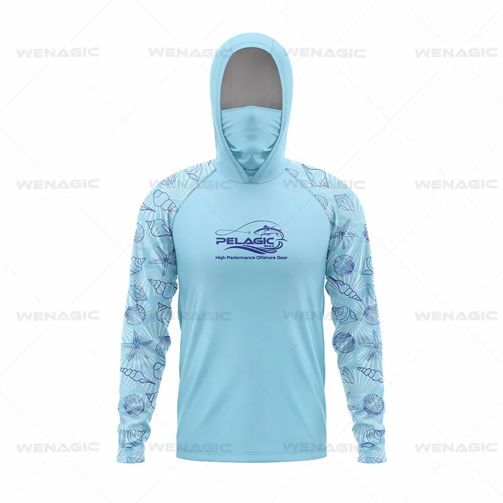 Pelagic Gear-Long Sleeve Hooded Face Cover, Fishing Shirts, UV Protection, Fishing Face Mask Clothes, New Tops, Upf 50