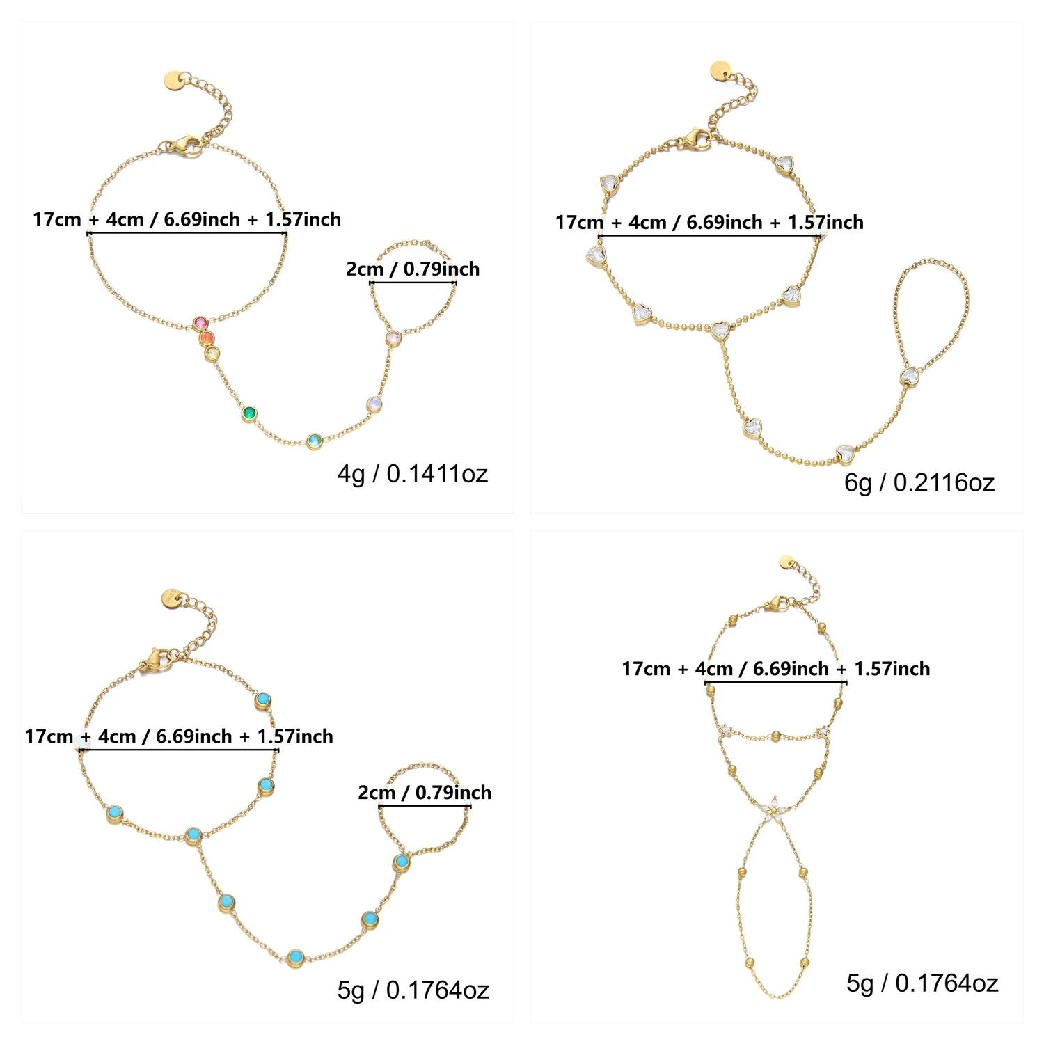 Minimalistisches CZ Edelstahl Fingerketten-Armband für Damen, Zierliches Blumen-Herz Kubisches Zirkonia Türkis Party-Schmuck Geschenk – Detail 3