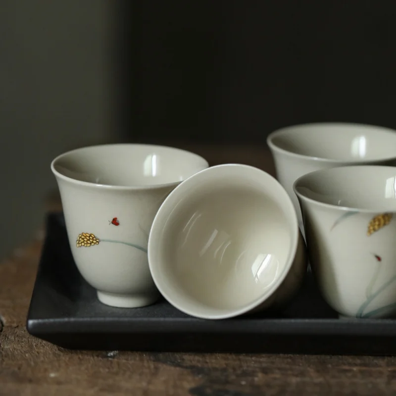 ★Jingdezhen Wheat Porcelain Master Cup Grass and Wood Gray Handmade Hand-Painted Insect Kung Fu Tea Cup High-End Gift Set