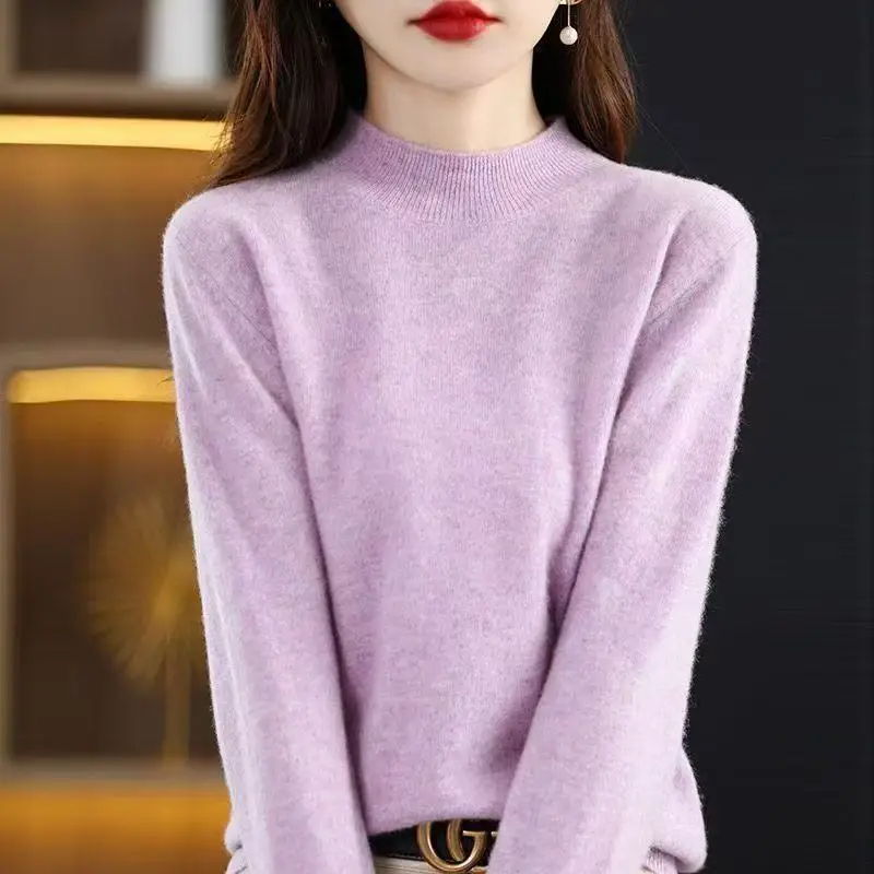 Women's Imitation Merino Wool Cashmere Sweater Semi-High-Necked Long-Sleeved Pullover Warm Autumn Winter Knitwear