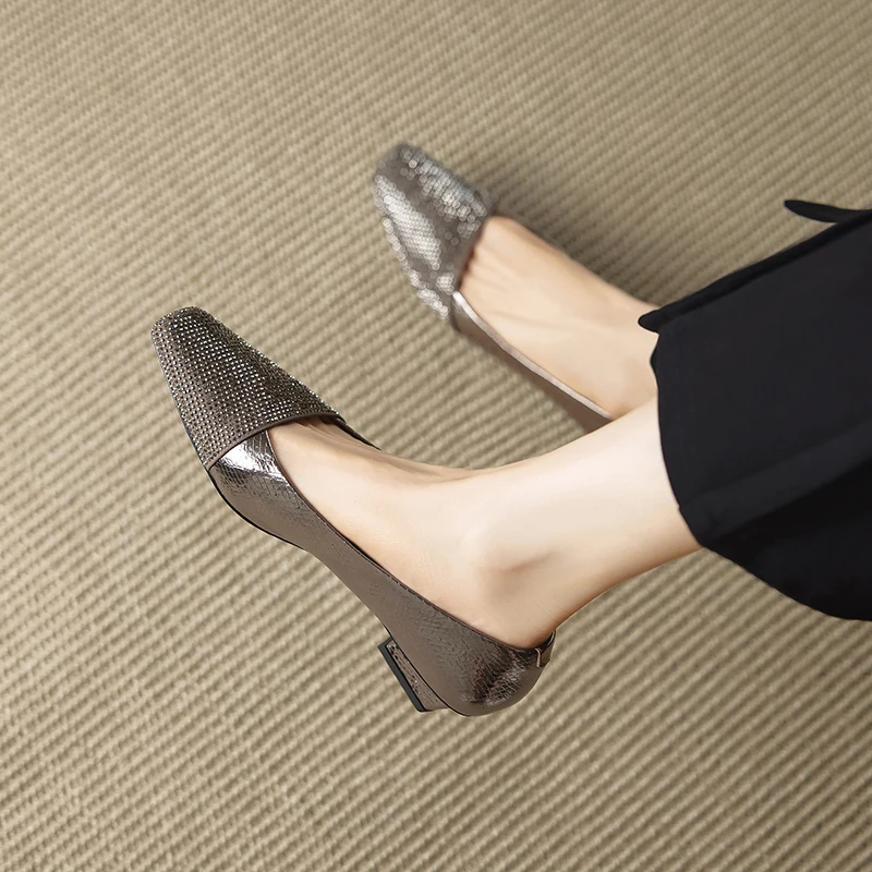 2026 new spring autumn women pumps natural leather plus size 22-25cm cowhide+sheepskin+pigskin square toe glitter women shoes