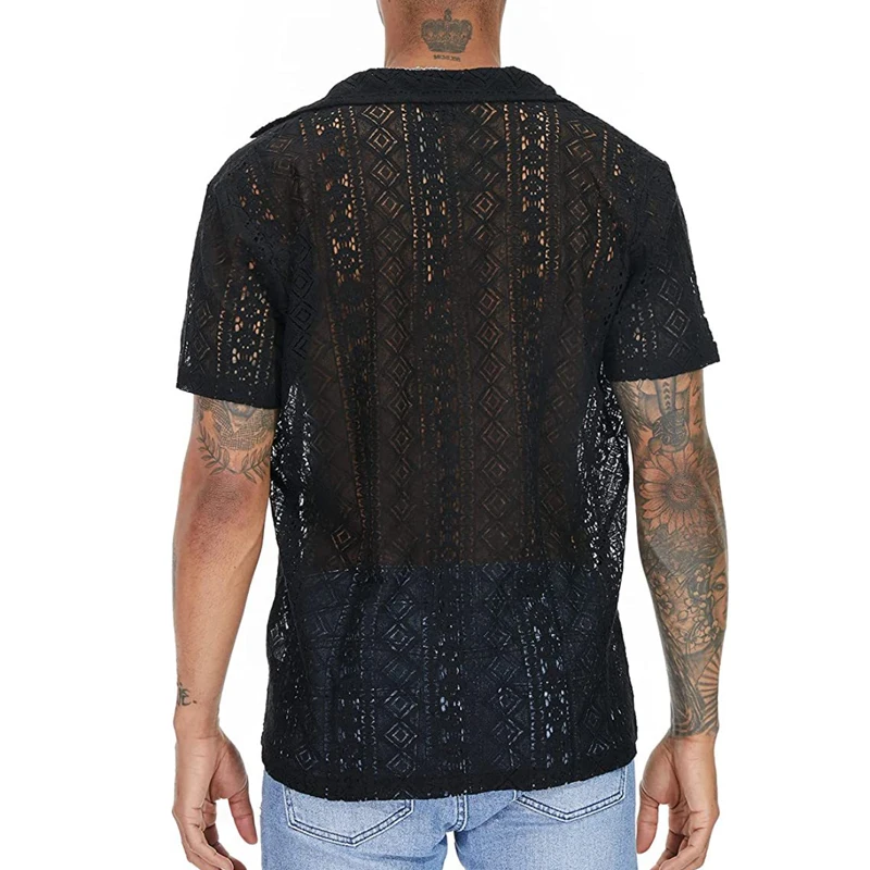 Men\'s Short-Sleeve Hollow-Out Lace Shirt Single Breasted Lapel Perspective  Shirt Top