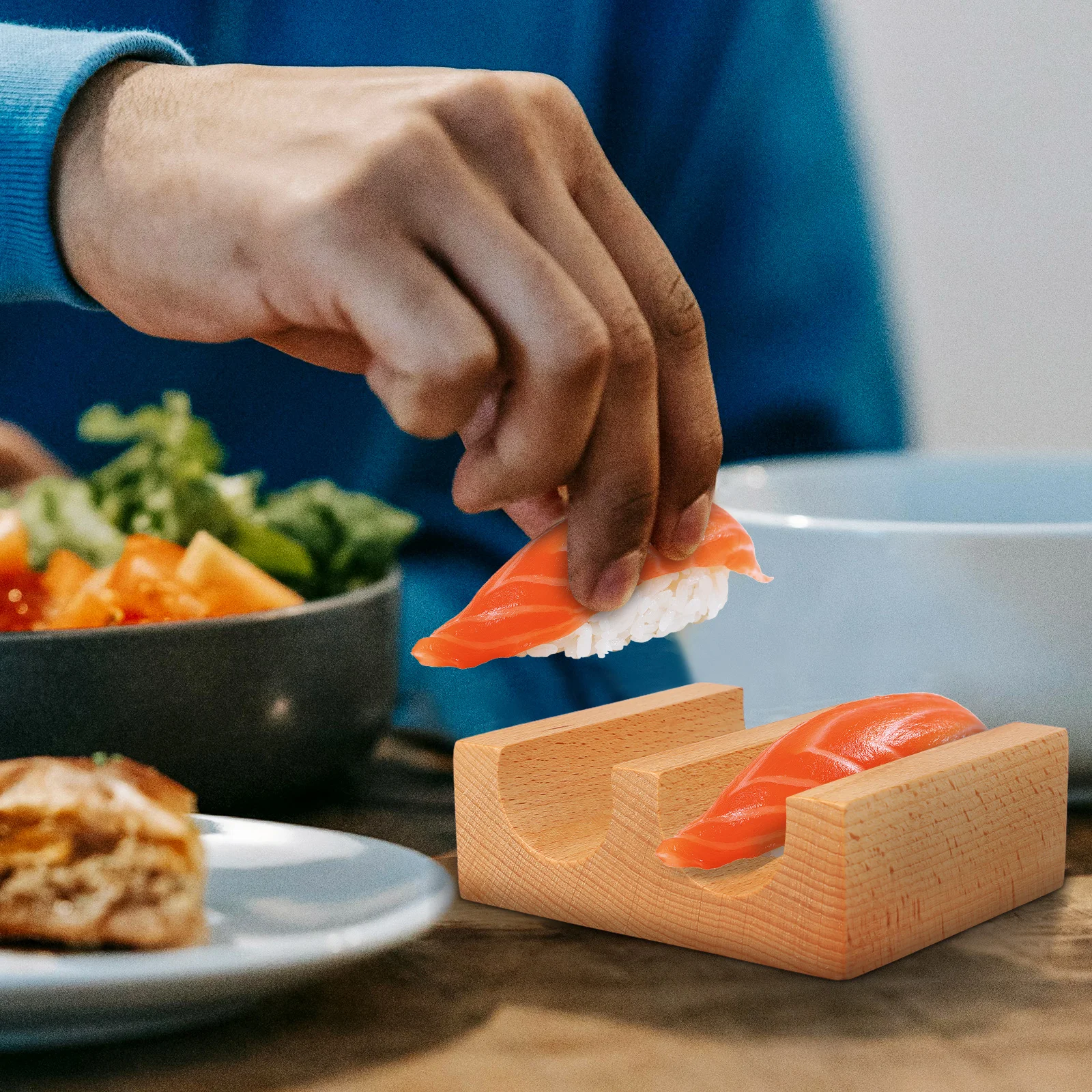 

Wooden 2-Grid Sushi Stand Hand Roll Sushi Holder Reusable Serving Tray Food Display Rack Wooden Serving Tray Taco Holder