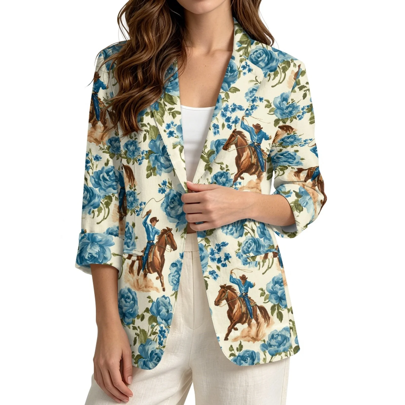 PENSTROLL Cowboy Blue Rose Linen Like Versatile Outerwear Casual Blazer Jacket for Business Vacation and Beach, Sizes S-3XL