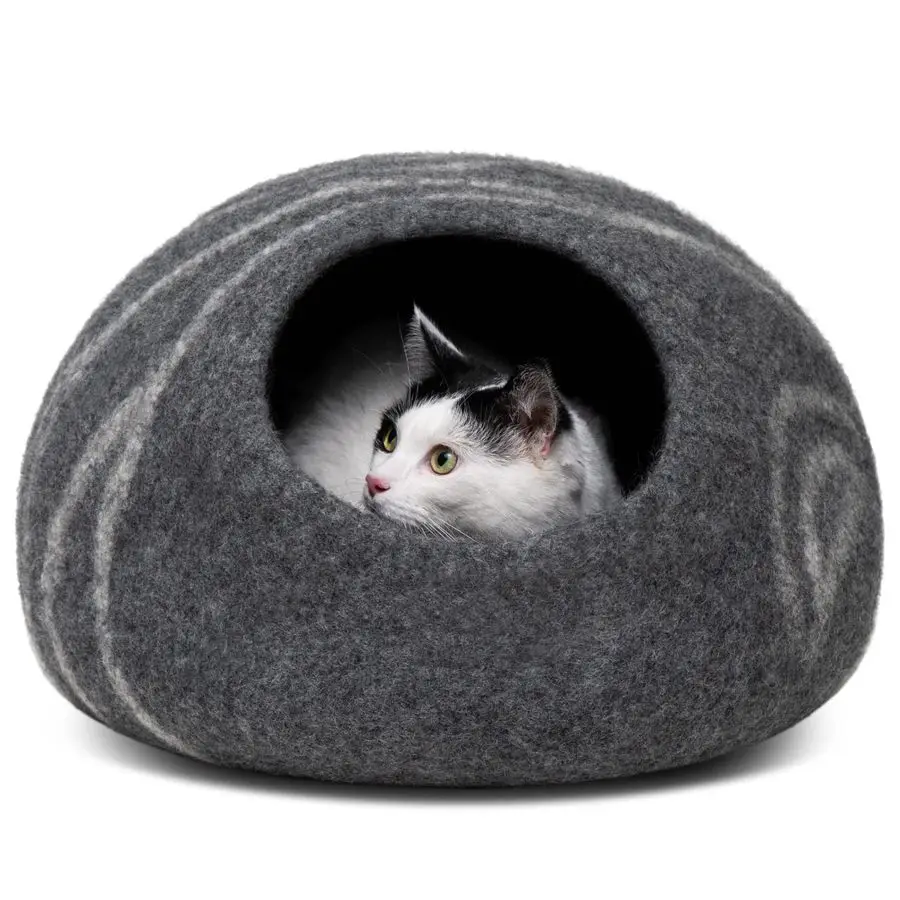 

Cat Cave u2013 Премиальная войлочная лежанка для кошек, ручной работы, 100% мериносовая шерсть, средний размер, темно-серый цвет