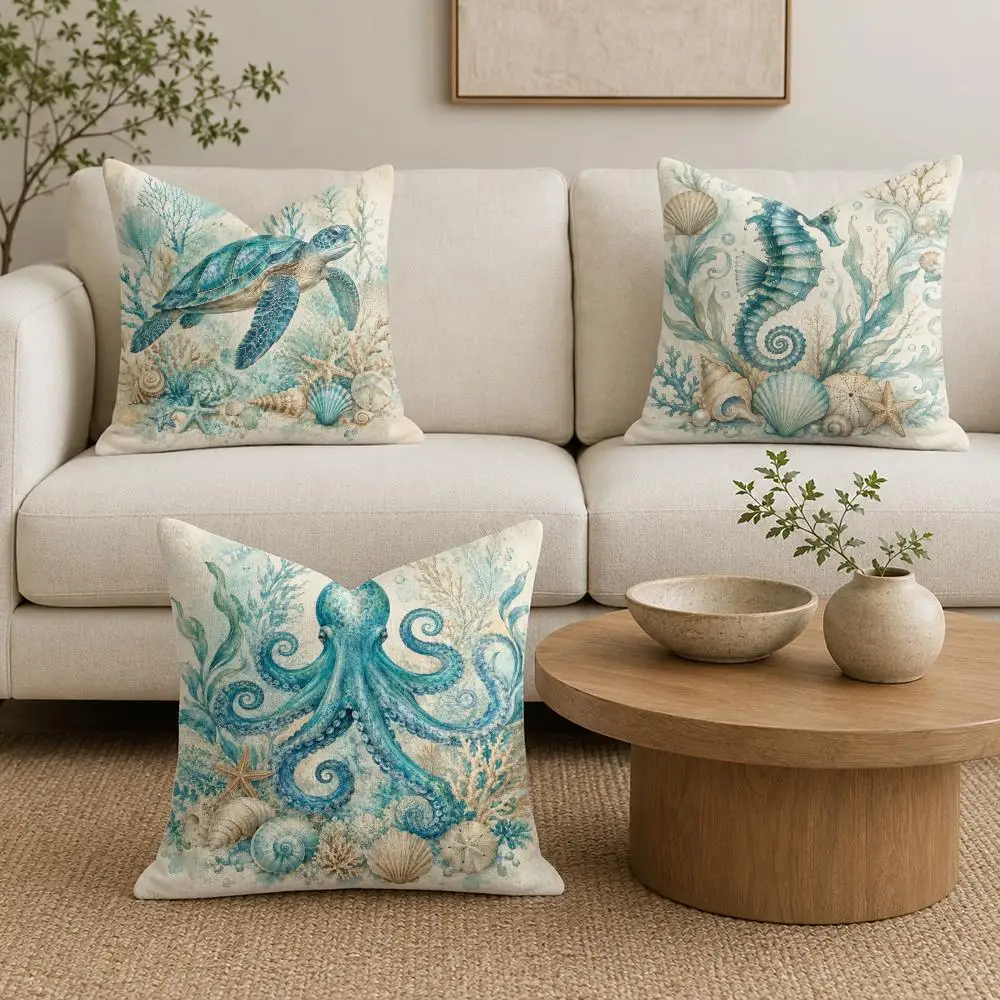 Retro marine creatures Cushion Cover Organic Linen Throw Pillow Cover - Double-Sided Print Breathable Cushion Case Home Decor