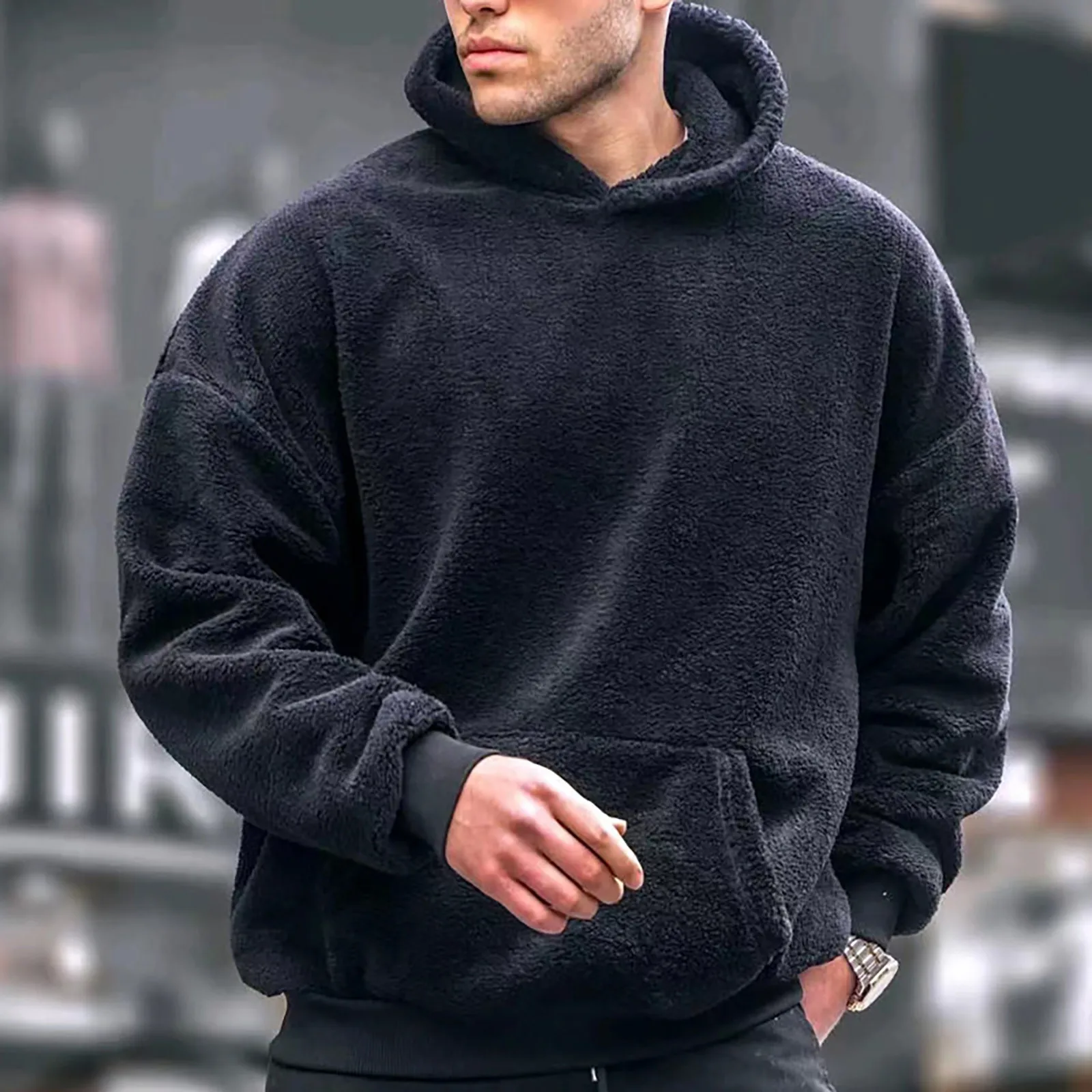 Soft Fleece Warm Hoodie Plush Pullovers Men Winter Solid Long Sleeve Pockets Hooded Sweatshirts Male Velvet Hoodies Jumper 2023