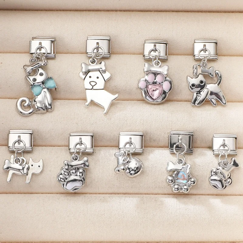 جديد الزركون مشرق ستار القمر الانحناء لطيف الكلب طائرة العنكبوت الروابط الإيطالية سحر صالح 9 مللي متر الفولاذ المقاوم للصدأ سوار مجوهرات DIY بها بنفسك صنع #6