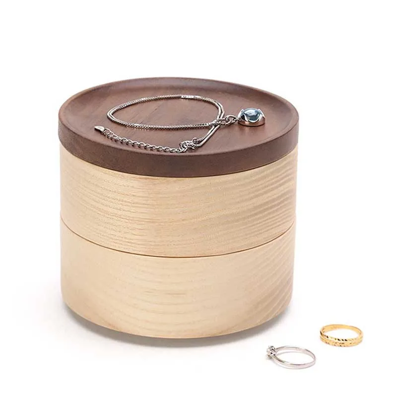 Natural Wooden Two-Layer Handmade Jewelry Storage Box With Lid Earrings Ring Necklace Display Props