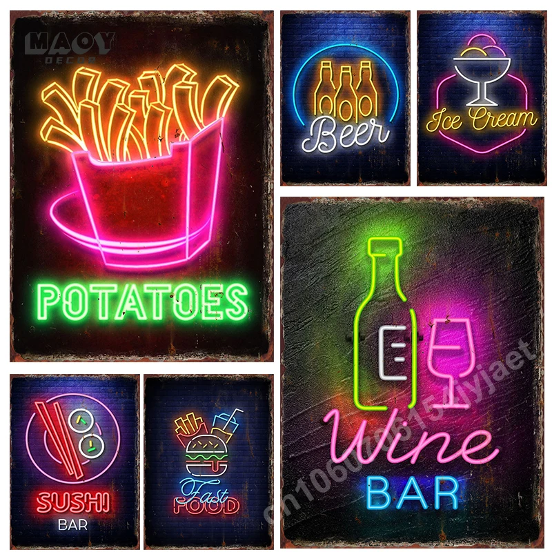 Vintage Neon Food Metal Tin Signs Western Restaurant Bar Club Menu Decoration Mural Snack French Fries Pattern Wall Decor Plaque