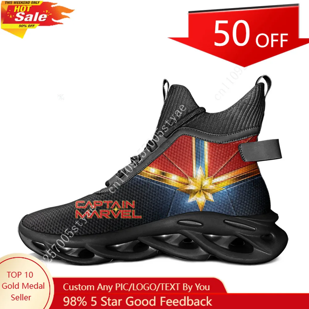 

Кроссовки Marvel Captain Marvel High Top Flats для мужчин и женщин, спортивная обувь на заказ, повседневные кроссовки для бега