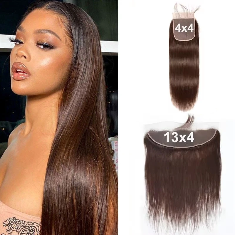 

4# Chocolate Brown Straight Hair 13X4 Lace Frontal Burmese Remy Human Hair Preplucked 4x4 Transparent Lace Closure Human Hair