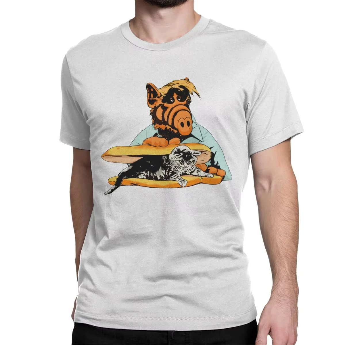 Funny Kitty Sandwich Alf The Extraterrestrial Tv Show T-Shirts Men Cotton T Shirts Melmac Short Sleeve Tee Shirt Gift Idea Tops