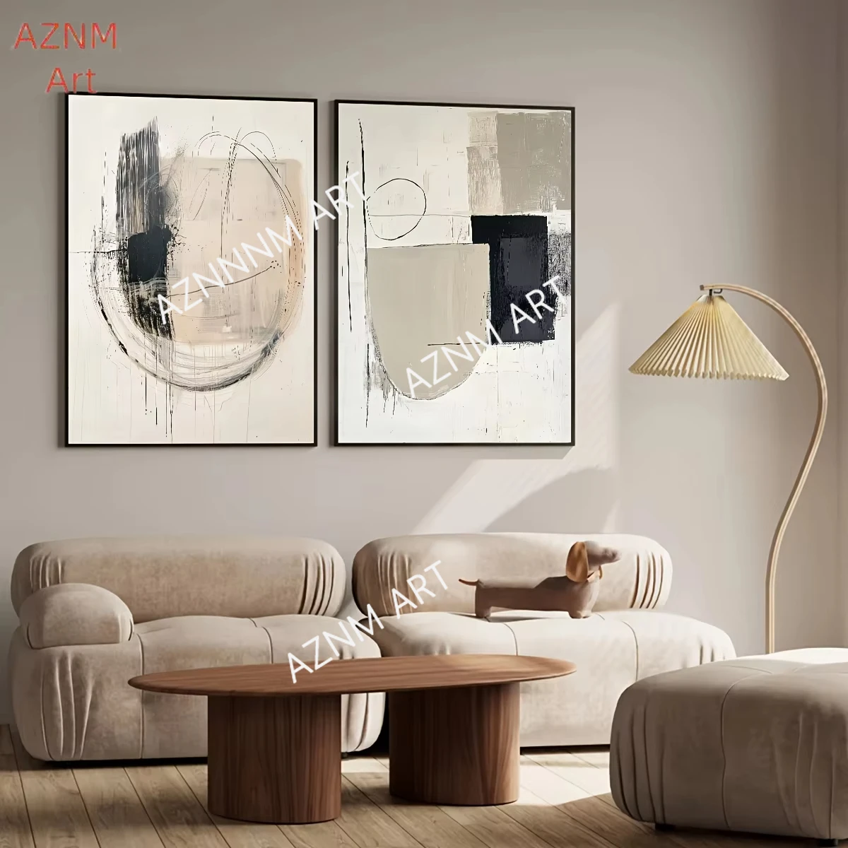 Set of 2 Minimalist Round Geometric Abstract Wall Art Poster Black and Beige Neutral Wall Posters Living Room Bedroom Decor Gift