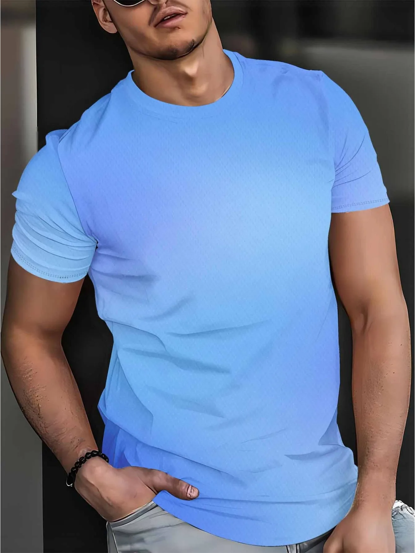 Men Quick Dry High Elastic Sport T Shirt Solid Light Blue Diamond Mesh Crew Neck Breathable Casual Training Top