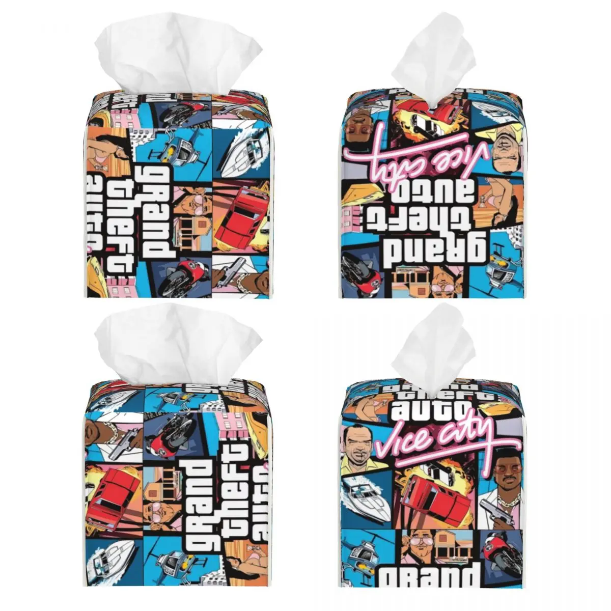 Custom Grand Theft Auto Vice City Tissue Box Cover Square PU Leather Video Game Facial Tissue Box Holder for Bathroom Toilet