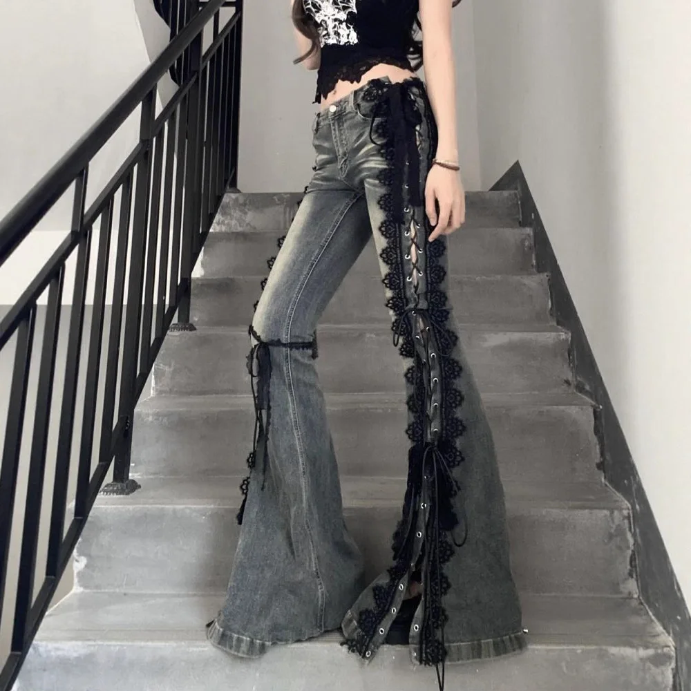 Retro Eyelets Lace Up Flare Jeans Stitch Whiskers Slim Low Rise Split Bootcut Pants Women Bell Bottoms Streetwear Ripped Jeans