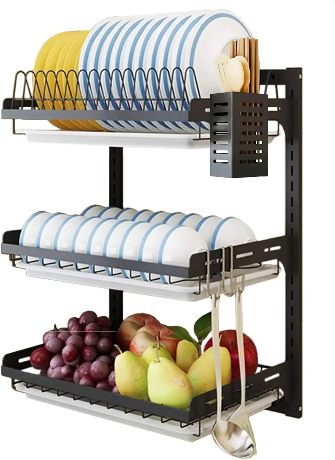 

3-Tier Adjustable Wall Mount Dish Drying Rack with Drain Tray, Stainless Steel Black Large Kitchen Organizer