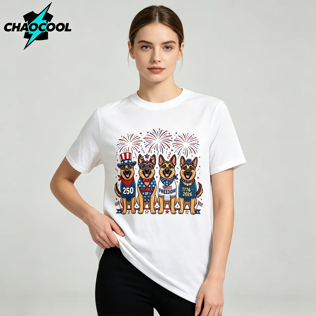July 4th Patriotic German Shepherd Pattern T-Shirt, 250 Years of Freedom Fireworks Print, Short-Sleeve Crew Neck Cotton Top