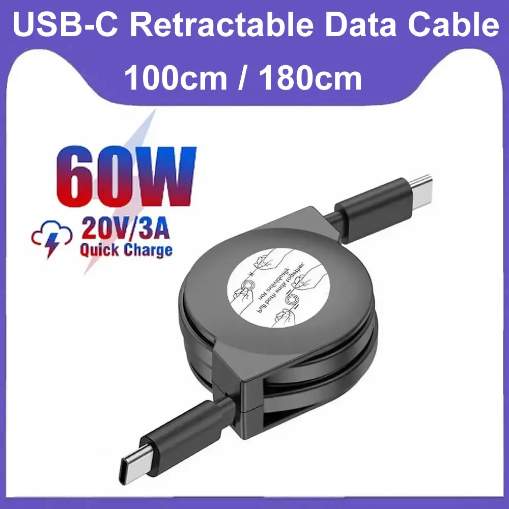 PD 60W USB-C Retractable Data Cable,2in1 USB C to Lightning/Type-C Fast Charging Cord For Macbook Phone Switch Tablets and More