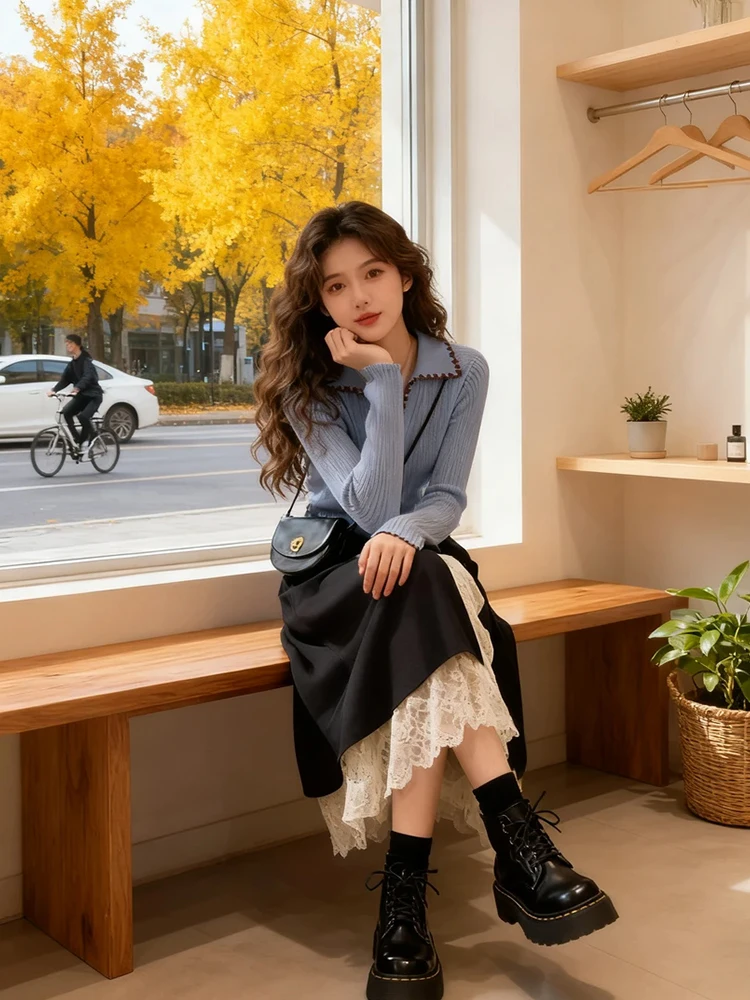 

Elegant Autumn Winter Women's Knitted Sweater And Slimming Skirt Two-Piece Set Korean Style Casual Fashion Ensemble