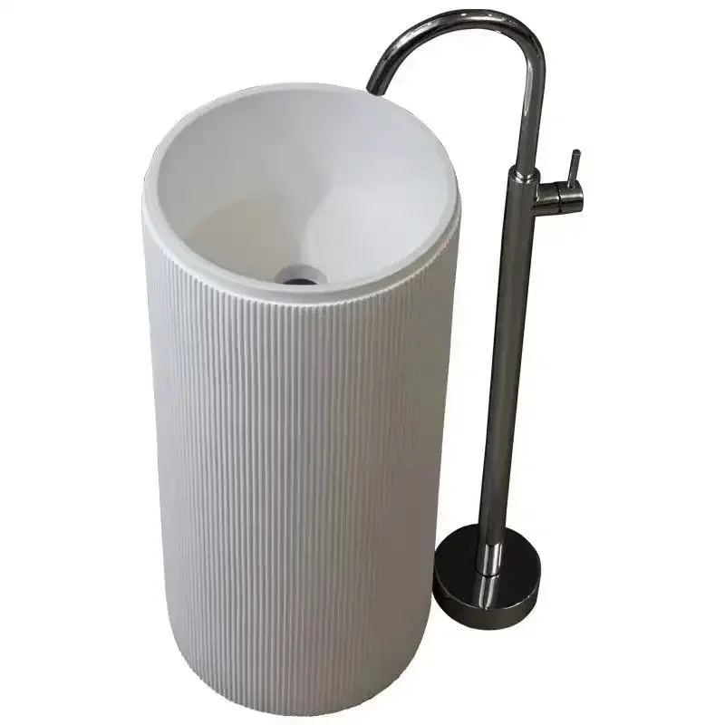 

Luxury Hotel White Color Freestanding Hand Wash Basin Solid Surface Artificial Stone Bathroom Sink Pedestal Basin HOT SALES