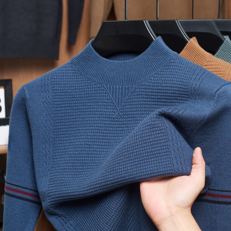 Luxury Man Waffle Long Sleeves Knit T-Shirt Korean-Style Autumn Winter New Round Neck Pullover Fashion Versatile Men's Clothing