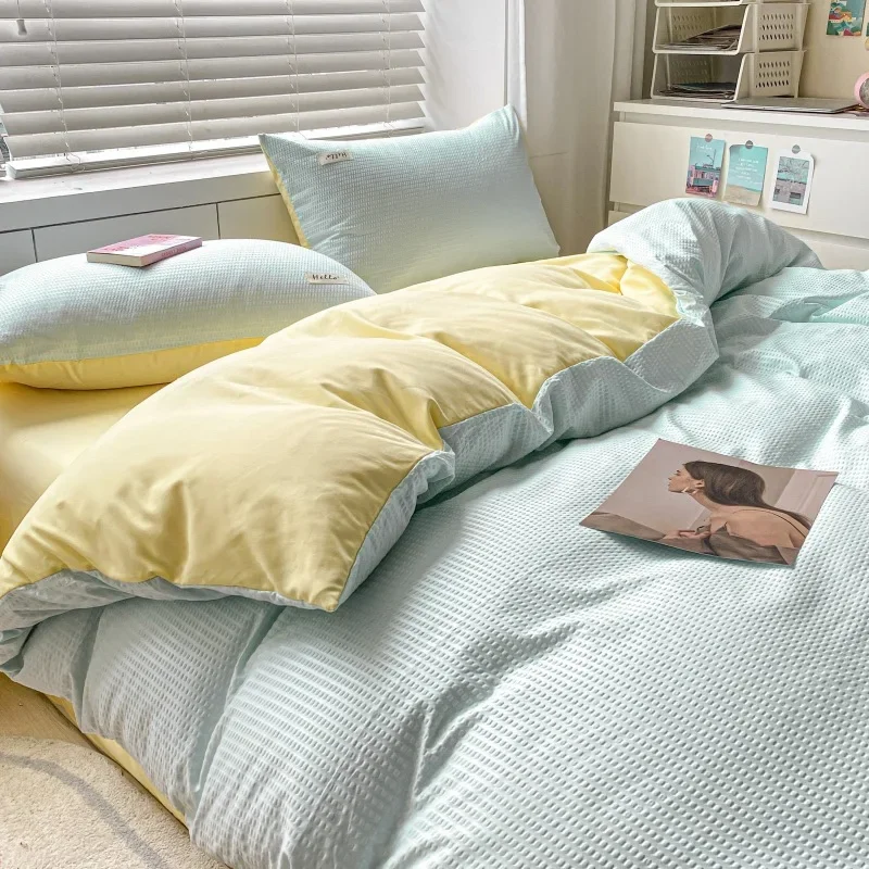 

Solid Color Waffle Soft Comforter Set Skin Friendly Printed Fitted Sheet with Four Corner Straps Single Double Bed Linens Sets