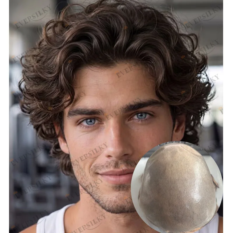 #6#7#18 Light Blonde 28mm Loose Curly Vlooped Super Durable European Men Toupee Undetectable Skin Base Hair Prosthesis Capillary