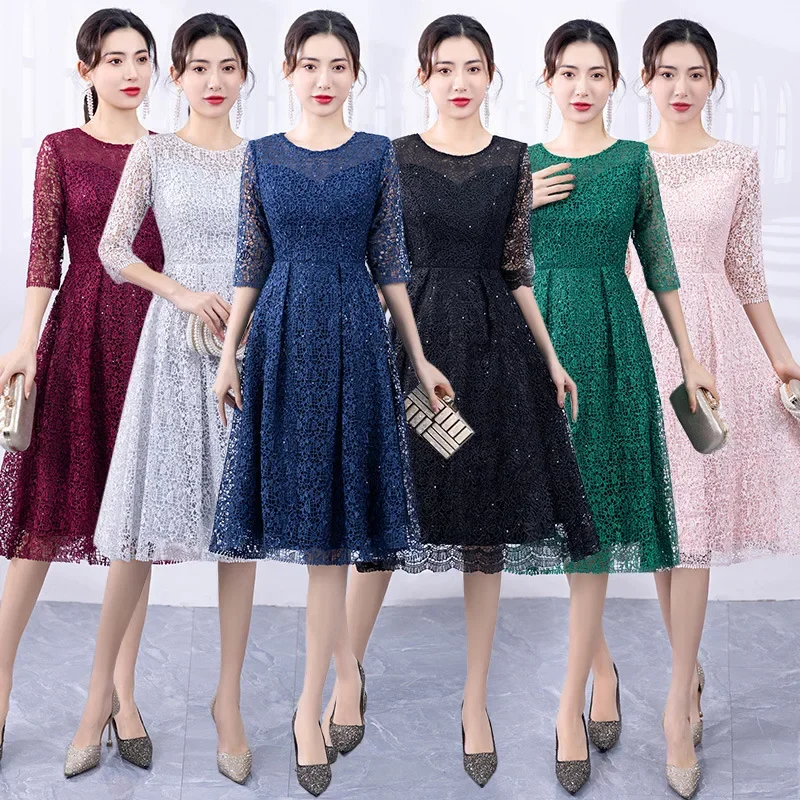 

2025 new fashion women evening dress illusion o-neck half sleeve banquet party dress knee length formal dresses