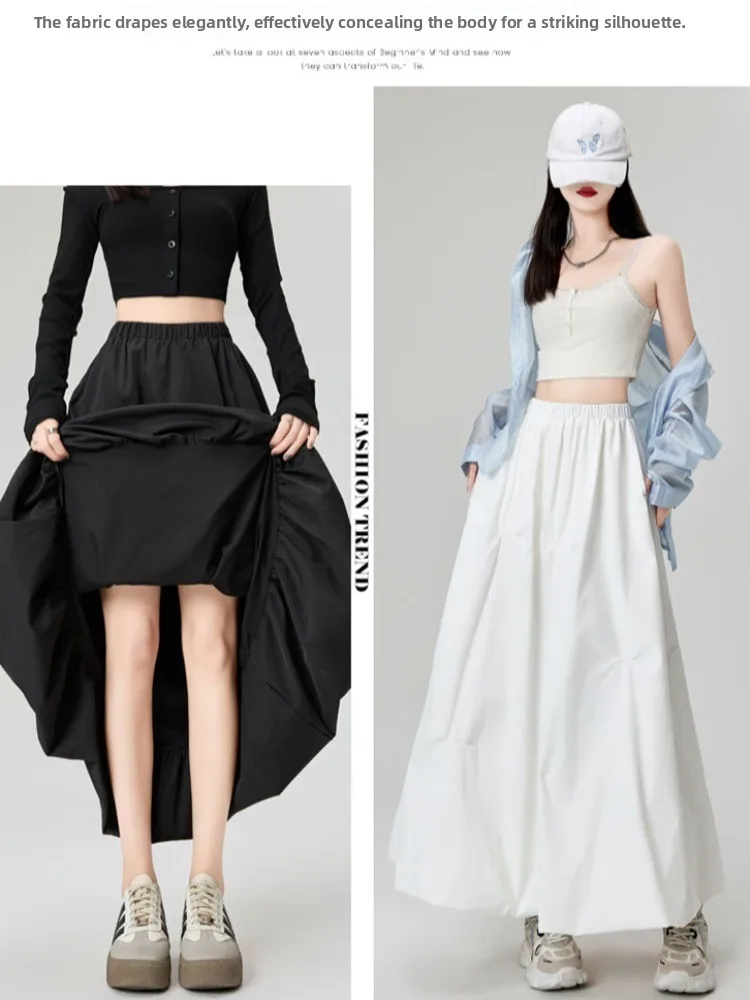 Biała plisowana spódnica z drapowaniem w kształcie pączka kwiatu, damska, jesień 2025, nowa, z wysokim stanem, w kształcie litery A, super piękna długa spódnica.