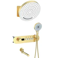 Brushed Gold 4 Functions Bathroom shower faucet set Wall Mounted Brass Thermostatic shower set 320mm Big 2 mode Rain shower head