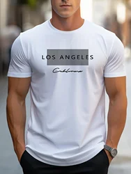 Camiseta masculina de manga curta, 100% fibra, ajuste solto, gráfico grande estampado em Los Angeles, slim fit, tops esportivos casuais, gola redonda, verão