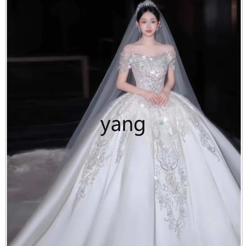 

LMM one-word shoulder wedding dress bride French heavy industry court style princess dress small man trailing out main dress