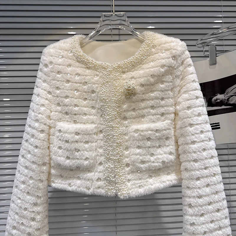 النمط الفرنسي حبة الربط تصميم الشعور أسفل بطانة سترة قصيرة 2025 شتاء جديد مزاجه المرأة معطف أنيق #2