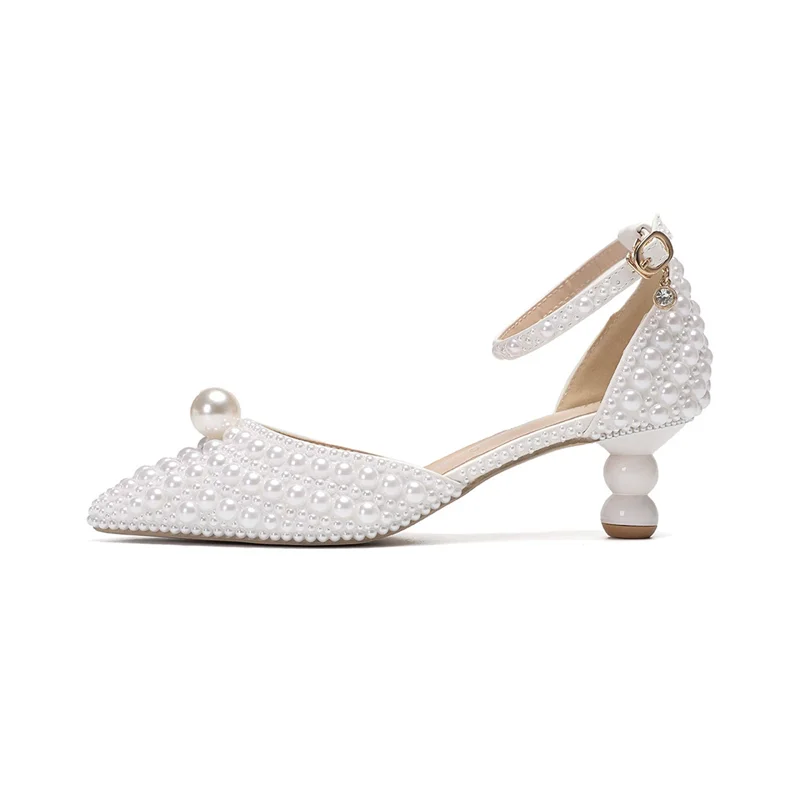

Spring and summer pointed pearl rhinestone tassel gourd low-heeled wedding shoes banquet large size high-heeled women's sandals