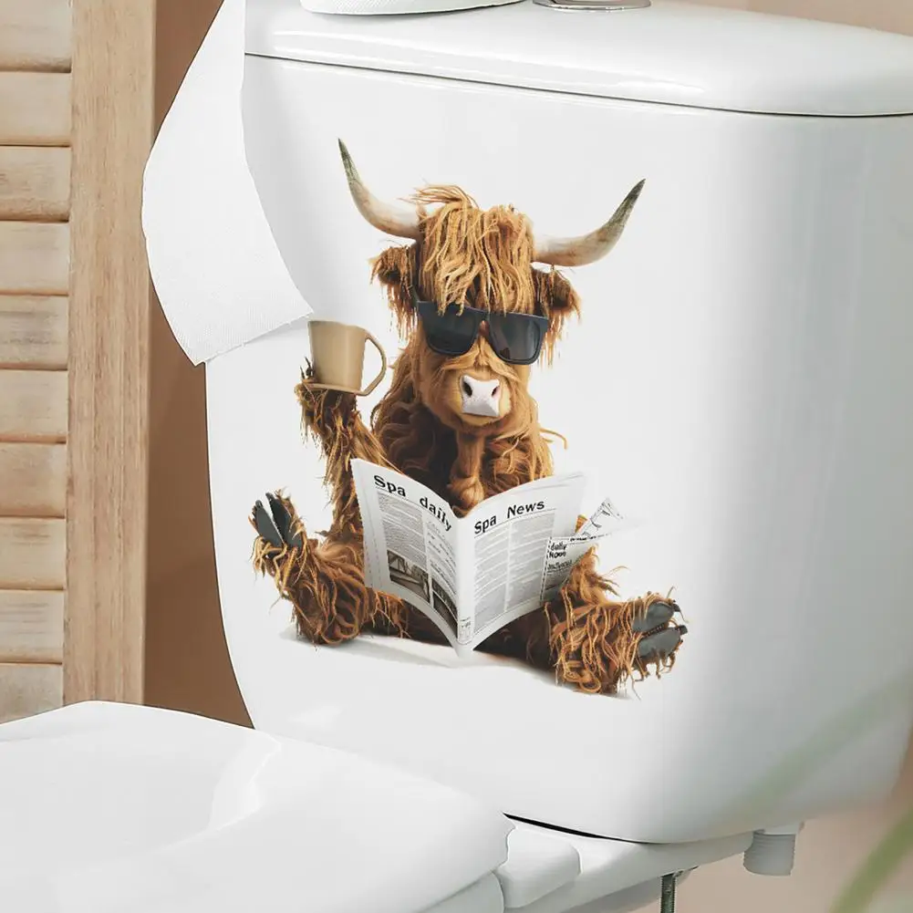 Reading Newspapers Yak Toilet Sticker Removable Self-adhesive Waterproof PVC Living Room Bathroom Wall Art Cow Toilet Lid Decora