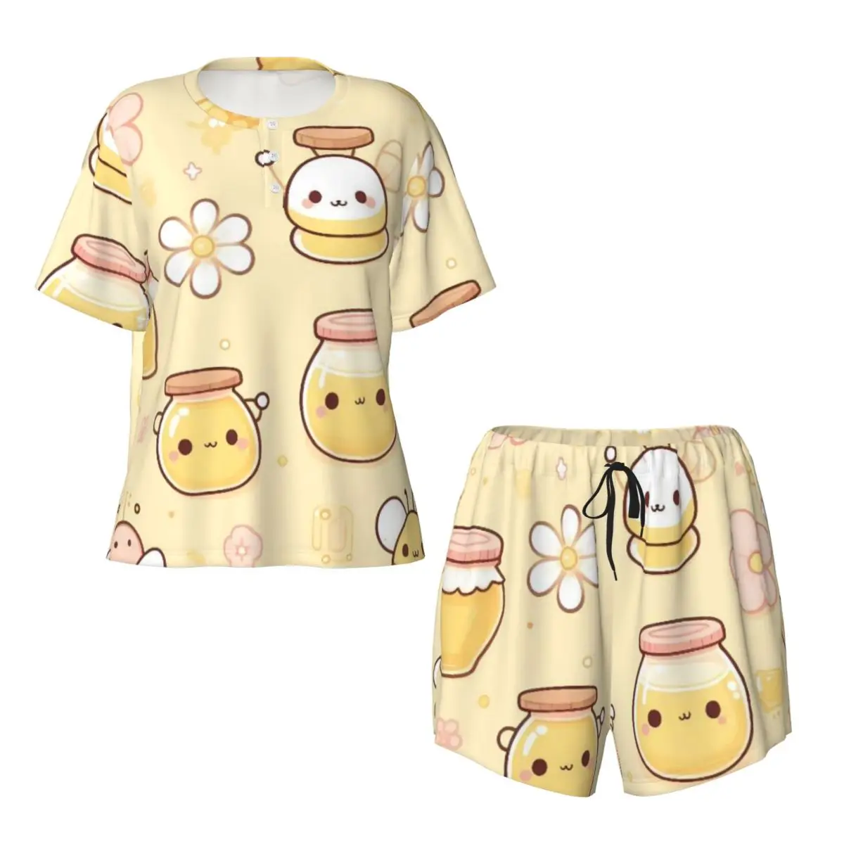 Pijamas Kawaii Just Bee de manga corta con cuello redondo para mujer, conjunto de 2 piezas, pijamas para mujer, ropa para el hogar