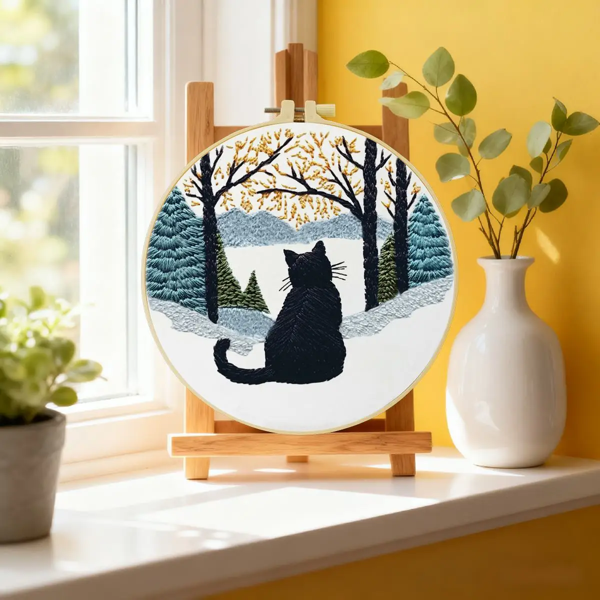 1 Stück 20X20CM/15X15CM 7,87/6,3 Zoll Die schwarze Katze auf dem Schneefeld Stickerei-Starter-Kit DIY-Kit DIY-Stickerei-Kit Handarbeiten – Detail 1