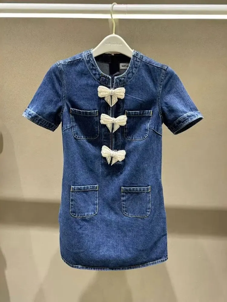 

Sweet Pearl Knot Short Sleeve A-Line Denim Skirt Spring Summer New Style for Elegant Lady Commute High Waist C...