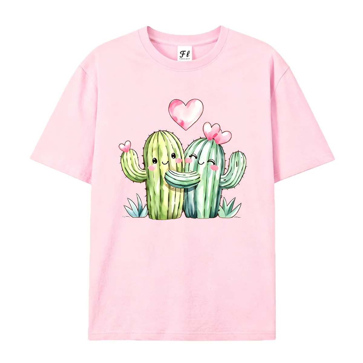 Women Summer Short Sleeve T Shirt Kawaii Cactus Couple Heart Graphic Print Crew Neck Loose Cute Watercolor Daily Basic Tops
