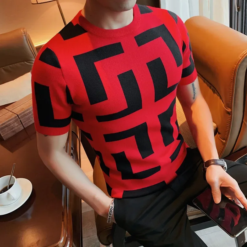 Men Colorblock Color Knitted Short Sleeved T-shirt High Quality Slim Fit O-neck Sweater Mens Casual Social Club Tee Shirt 4XL-M