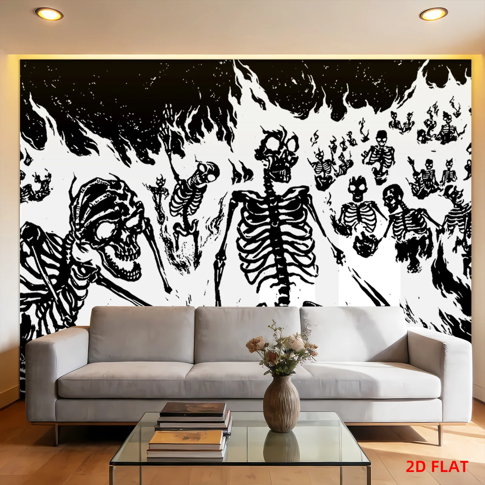 VIKAMA Dark Skull Flame Hanging Cloth Tapestry, Black White Comic Style Hell Skull Wall Art for Home Decor