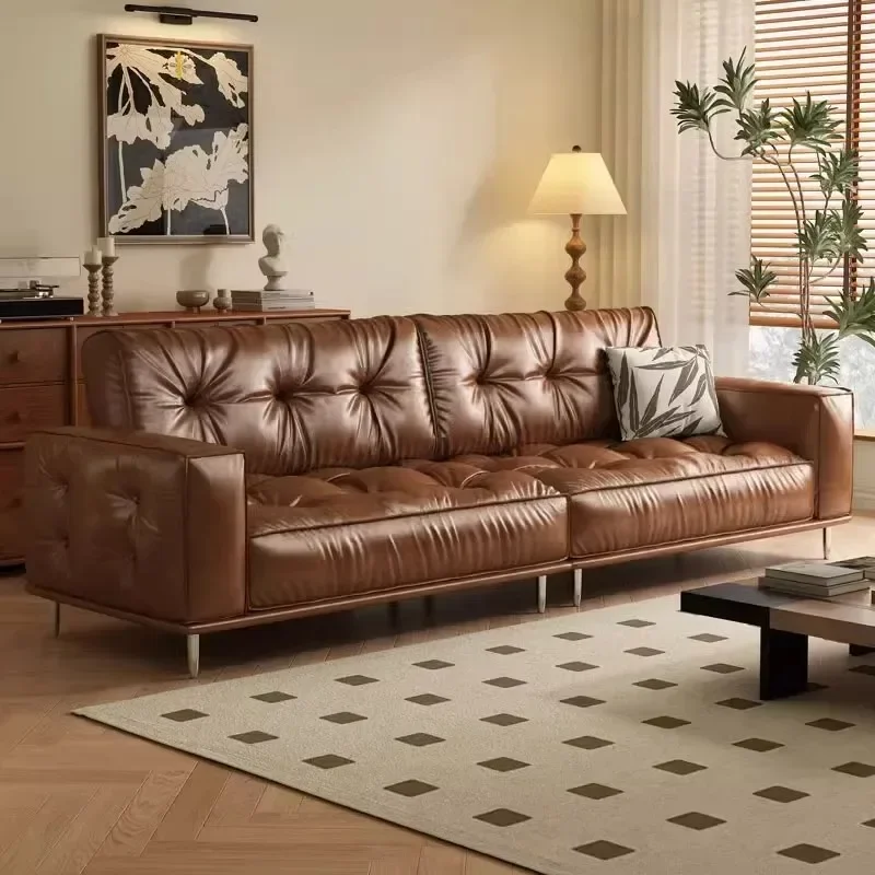 Medieval retro oil wax leather sofa, caramel-colored small apartment straight-row sofa