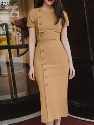 ZANZEA Women Elegant Wrap Hip Dress 2024 Summer Short Sleeve Evening Dress Slim Party Midi Dress Sexy Office Buttons Vestidos